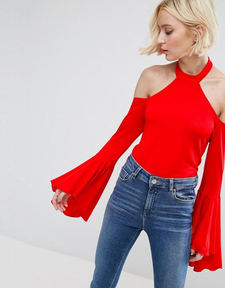 Asos Cold Shoulder Top In Crepe With Pretty Drape Sleeves - Red