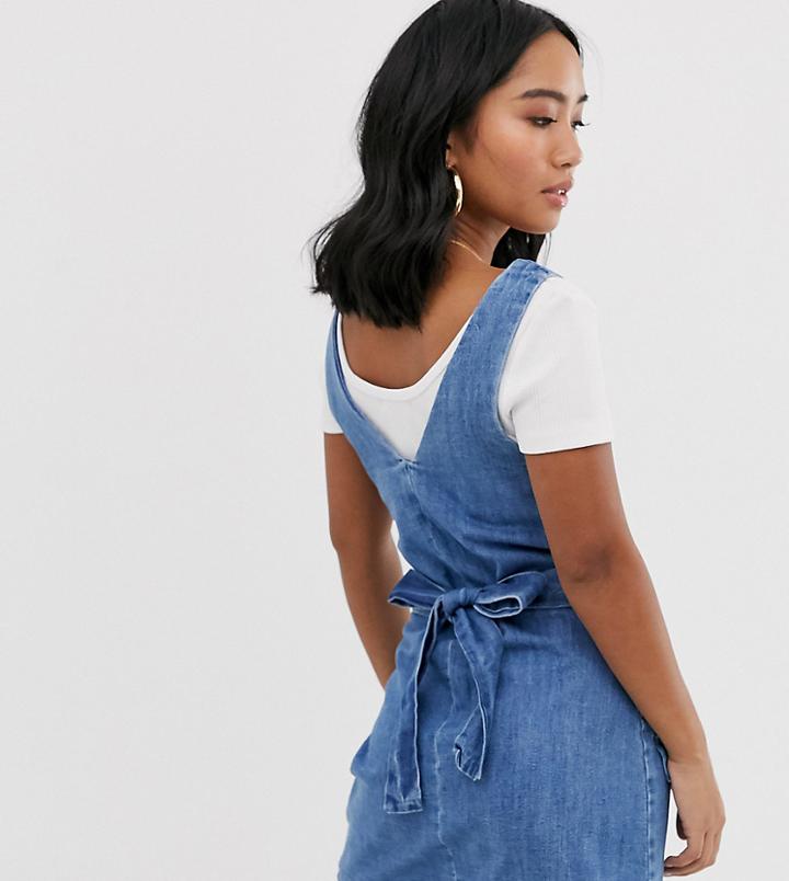 Asos Design Petite Denim Button Pinafore Mini Dress In Blue - Blue