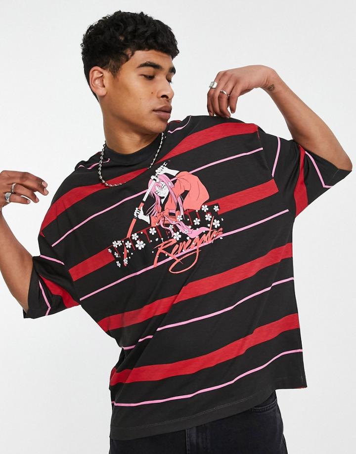 Asos Design Oversized Stripe T-shirt In Gray With Anime Print