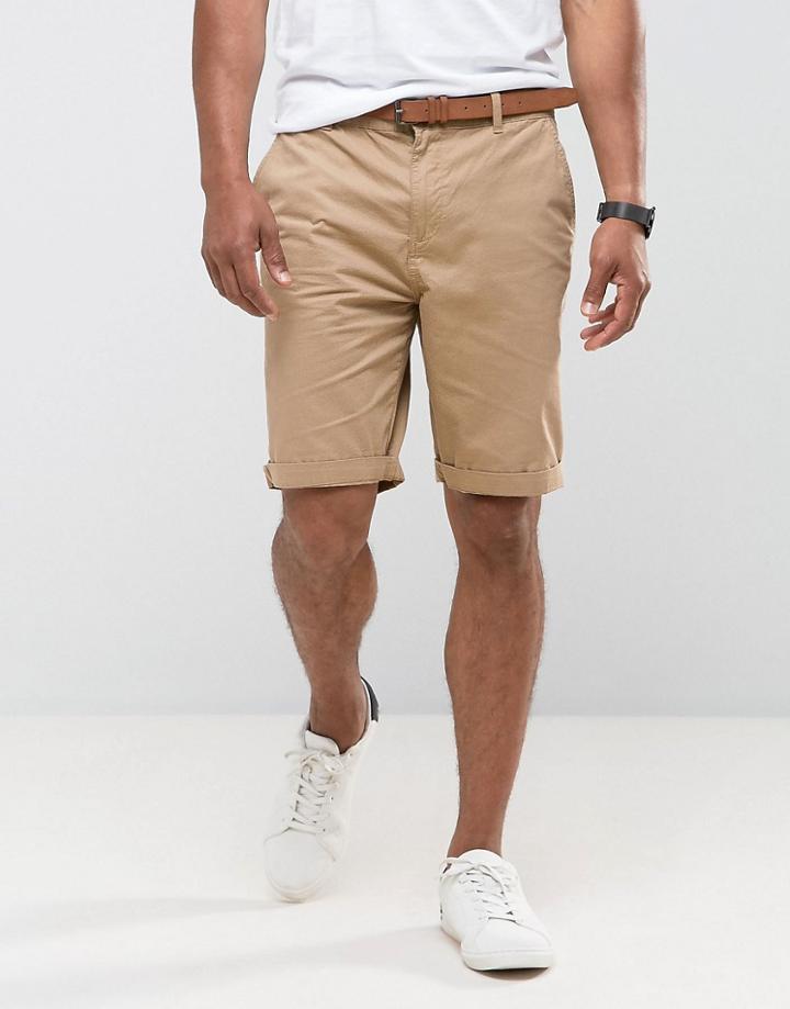 Bershka Straight Fit Chino Short In Tan With Belt - Tan