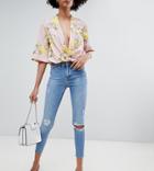 River Island Molly Distressed Raw Edge Skinny Jeans In Mid Wash - Blue