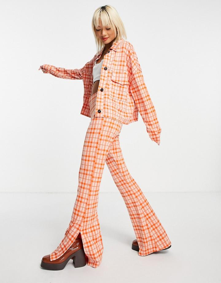 Asos Design Jersey Suit Flare With Split Detail In Orange Check-multi
