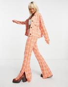 Asos Design Jersey Suit Flare With Split Detail In Orange Check-multi