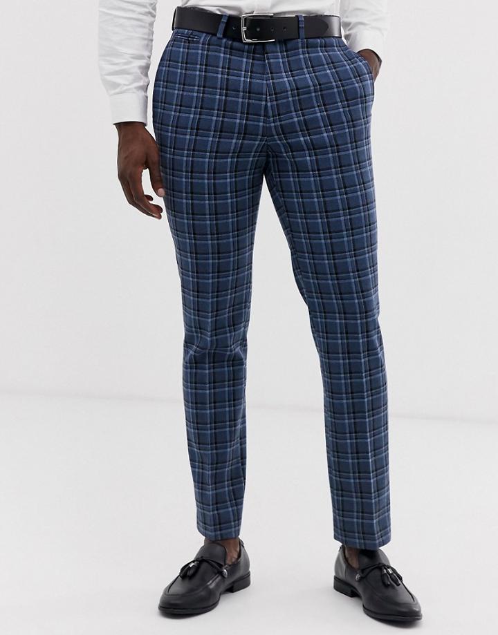 Asos Design Wedding Slim Suit Pants In Tonal Blue Wool Mix Check