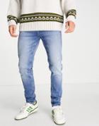 Asos Design Cotton Blend Skinny Jeans In Mid Wash Blue With Abrasions - Mblue-blues