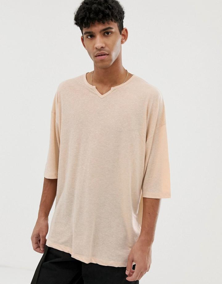 Asos Design Oversized Longline T-shirt With Notch Neck In Linen Mix - White
