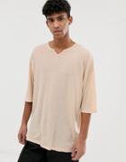 Asos Design Oversized Longline T-shirt With Notch Neck In Linen Mix - White