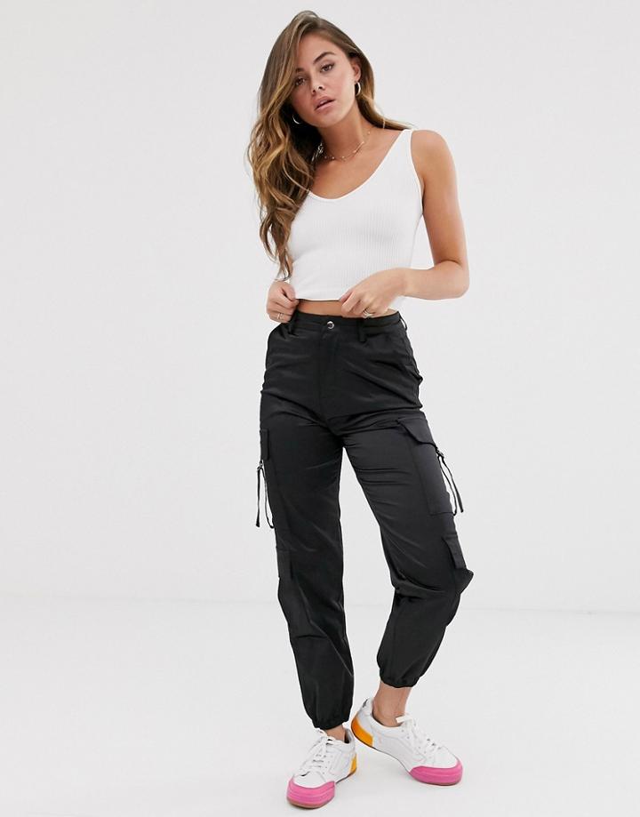 New Look Satin Cargo Pants In Black - Black