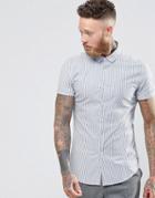 Asos Skinny Shirt In Blue Stripe With Short Sleeves - White