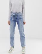 Asos Design Farleigh High Waist Straight Leg Jeans With Belt Detail In Acid Wash - Blue