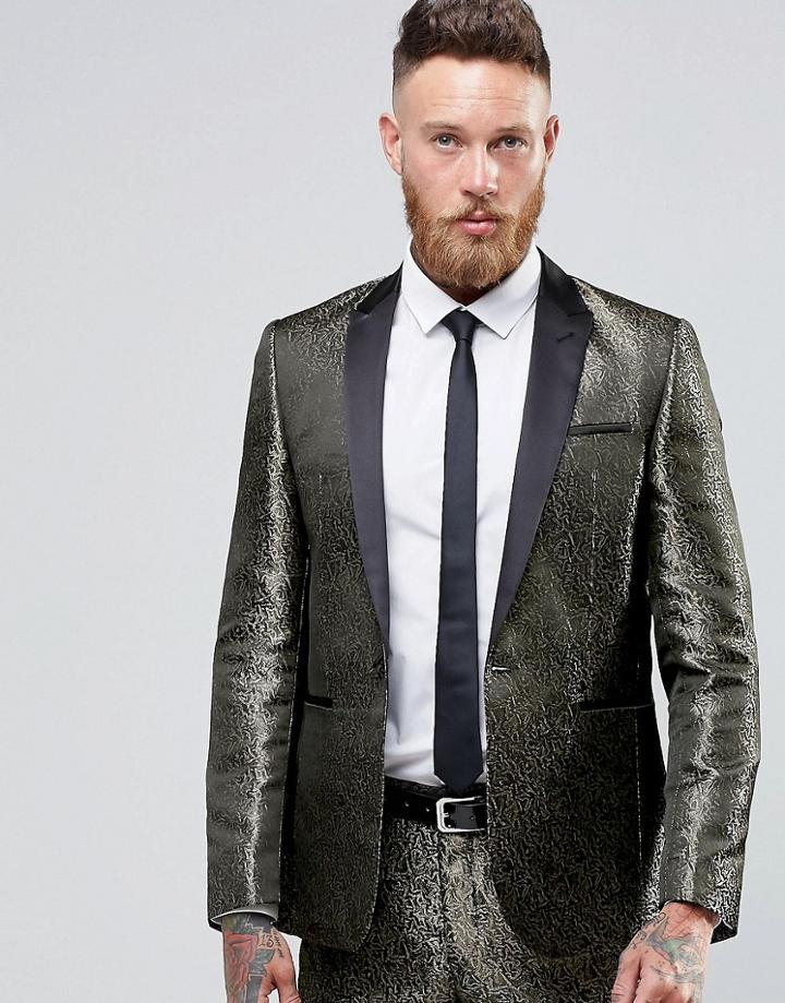 Asos Slim Suit Jacket In Gold Pattern - Gold