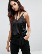 Lipsy Cami Top With Eyelash Lace Trim And Choker Tie Neck - Black