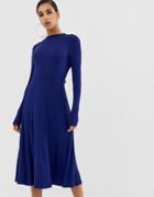 Asos Design Midi Skater Dress In Rib With Open Back-navy