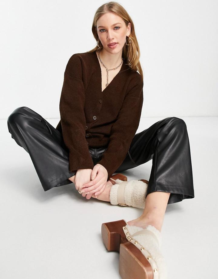 Topshop Knit Longline Cardi In Chocolate-brown