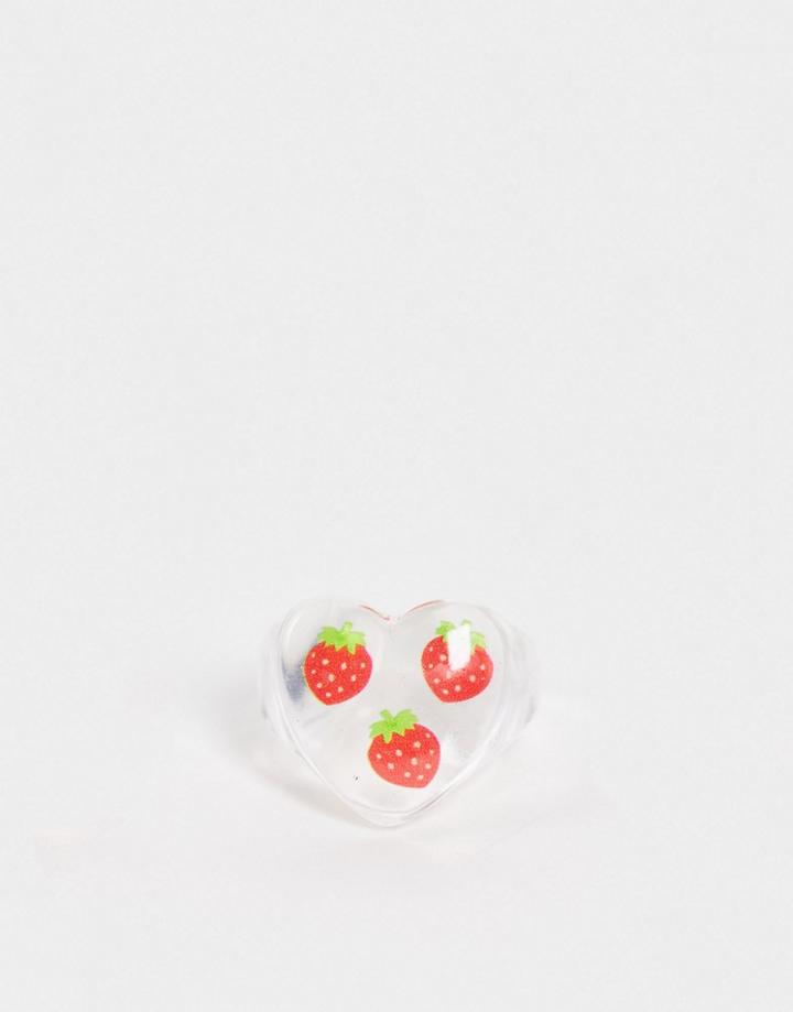 Asos Design Ring In Heart Shape With Trapped Strawberries In Clear Plastic