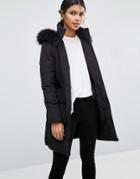 Warehouse Padded Coat With Faux Fur Hood - Black