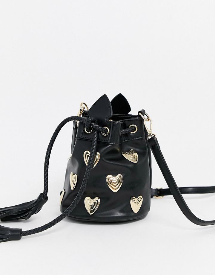 Sacred Hawk Bucket Bag With Heart Buckle And Drawstring-black