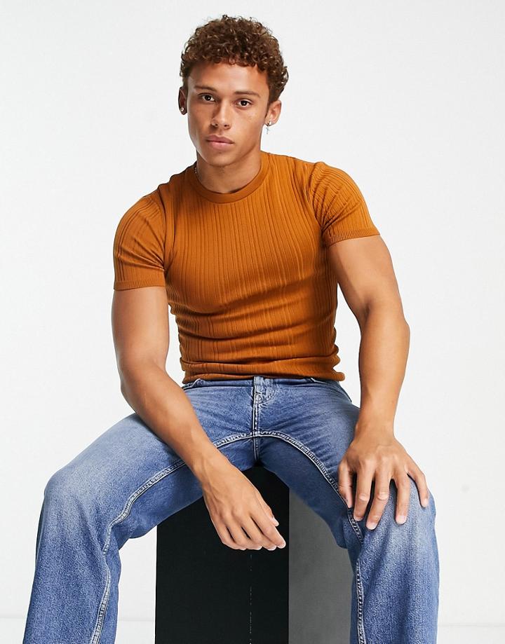 River Island Muscle Fit Knitted T-shirt In Rust-red