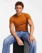 River Island Muscle Fit Knitted T-shirt In Rust-red