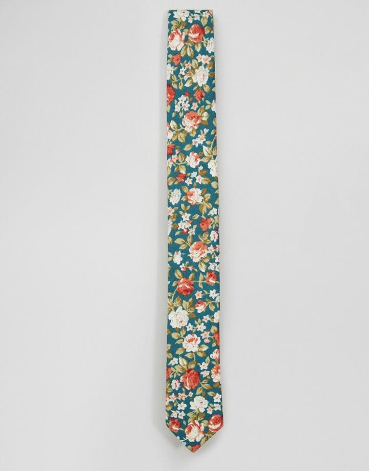 Noose & Monkey Skinny Tie Floral In Cotton - Green