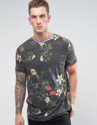 Asos Longline T-shirt With All Over Floral Print - Gray