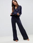 Asos Design Contrast Satin Pyjama Pants-navy