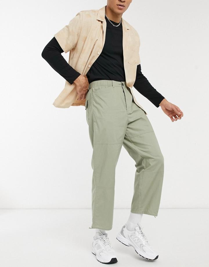 Asos Design Wide Leg Pants In Khaki With Toggle Hem-green