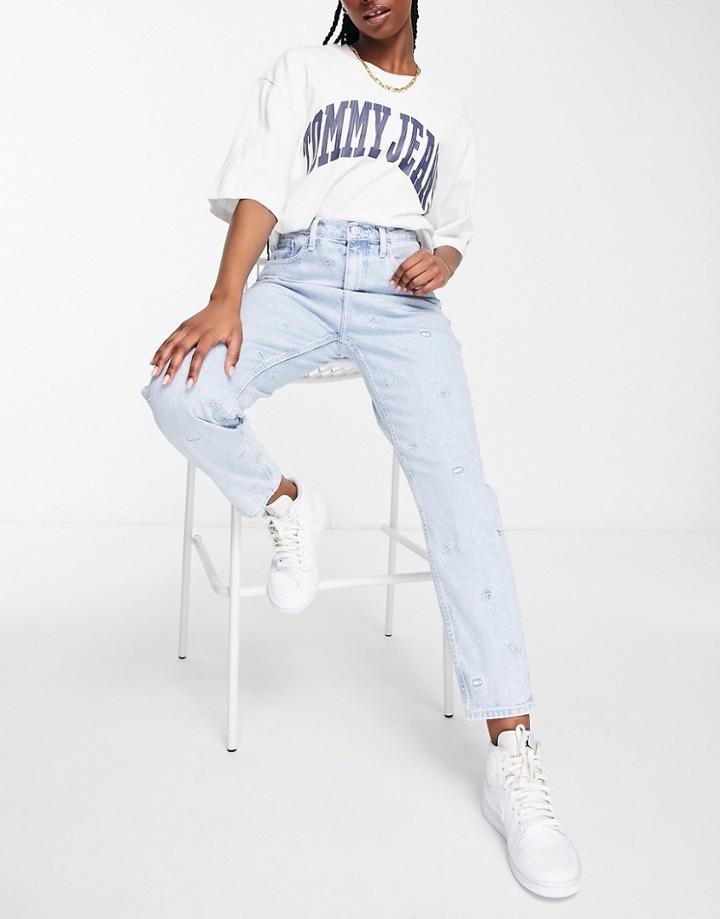 Tommy Jeans High Rise All Over Critter Mom Jean In Mid Wash-blue