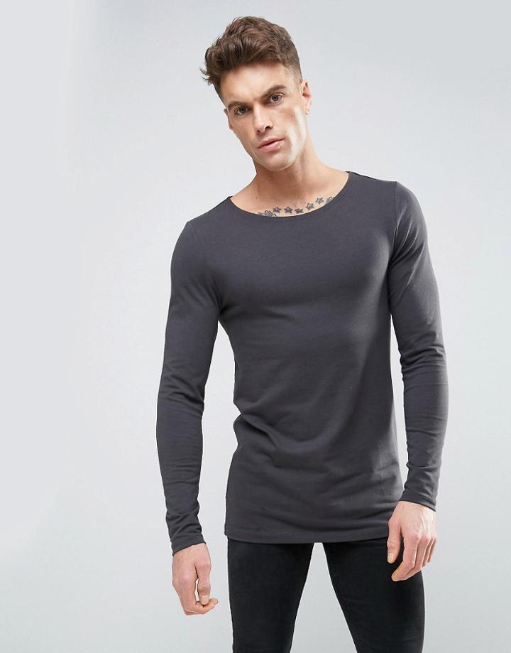 Asos Longline Muscle Long Sleeve T-shirt With Boat Neck In Washed Black - Black