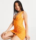 Asos Design Petite Eyelet Plunge Side Ruched Mini Dress In Orange-green