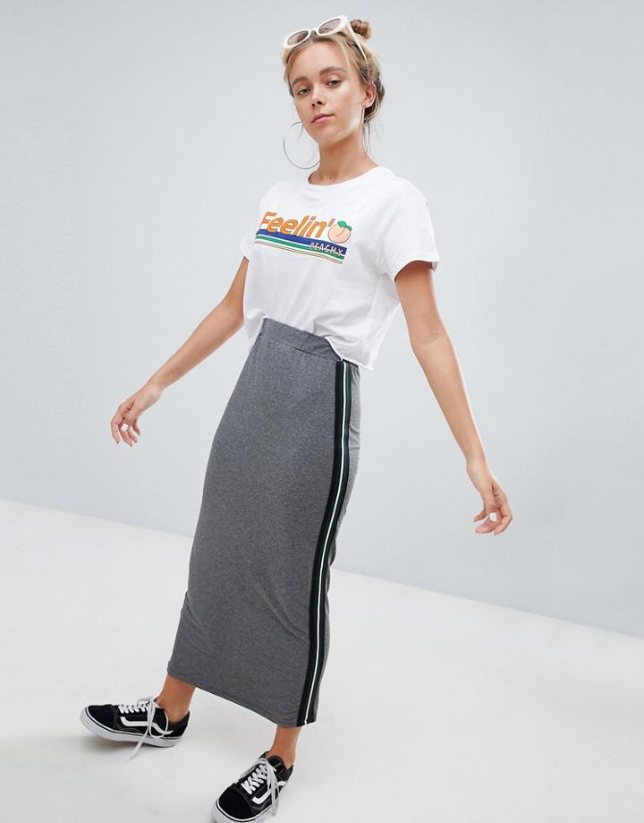 Bershka Side Stripe Long Skirt In Gray - Green