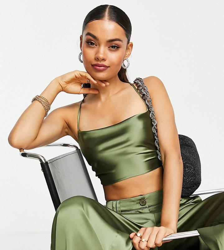 Asos Design Petite Satin Strappy Tie Top In Khaki - Part Of A Set-green