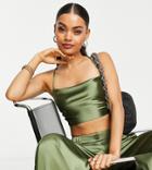 Asos Design Petite Satin Strappy Tie Top In Khaki - Part Of A Set-green