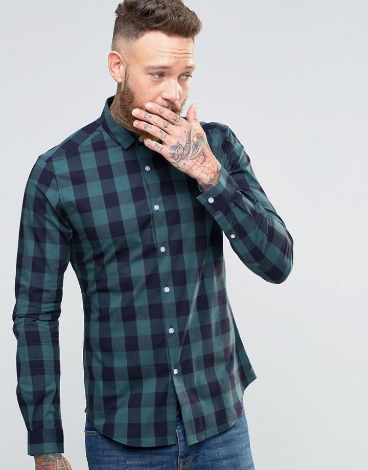 Asos Skinny Shirt In Green Buffalo Plaid With Long Sleeves - Green