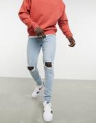 Topman Organic Cotton Blend Stretch Skinny Jeans With Blowout Rips In Light Wash Blue-blues