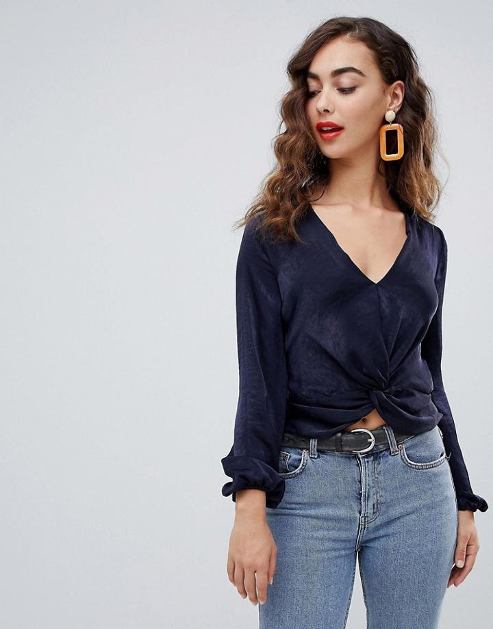 New Look Satin Twist Front Long Sleeve Top - Navy