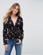 Asos Plunge Top With Gathered Waist In Floral - Multi