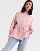 Asos Design Washed Long Sleeve Shirt With Tie Waist - Pink