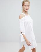 Monki Cold Shoulder Beach Shirt Dress - White