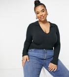 Asos Design Curve Fitted Ribbed Polo With Long Sleeves In Black