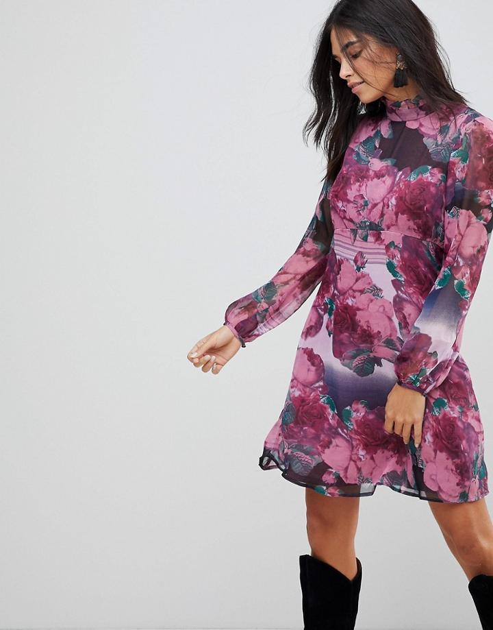 Traffic People Ruffle Neck Skater Dress In Rose Print - Purple