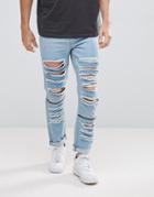 Boohooman Skinny Jeans With Heavy Rips In Light Wash - Blue