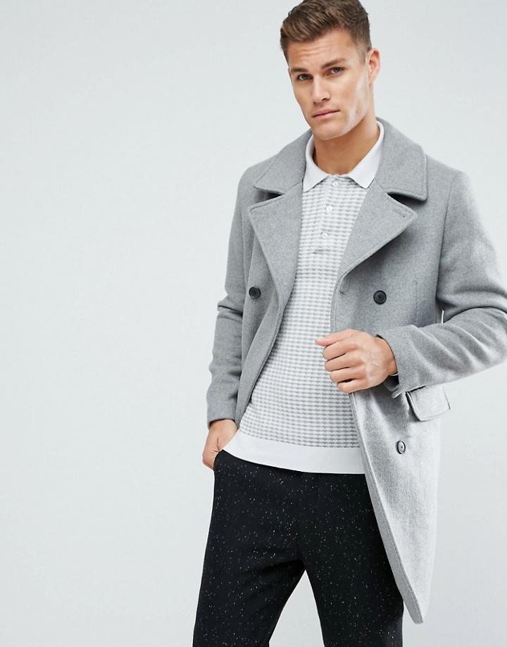 Stradivarius Double Breasted Wool Overcoat In Gray - Gray