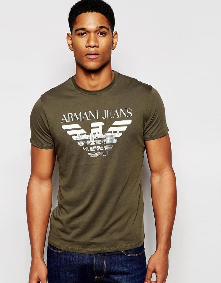 Armani Jeans T-shirt With Eagle Logo In Regular Fit - Green