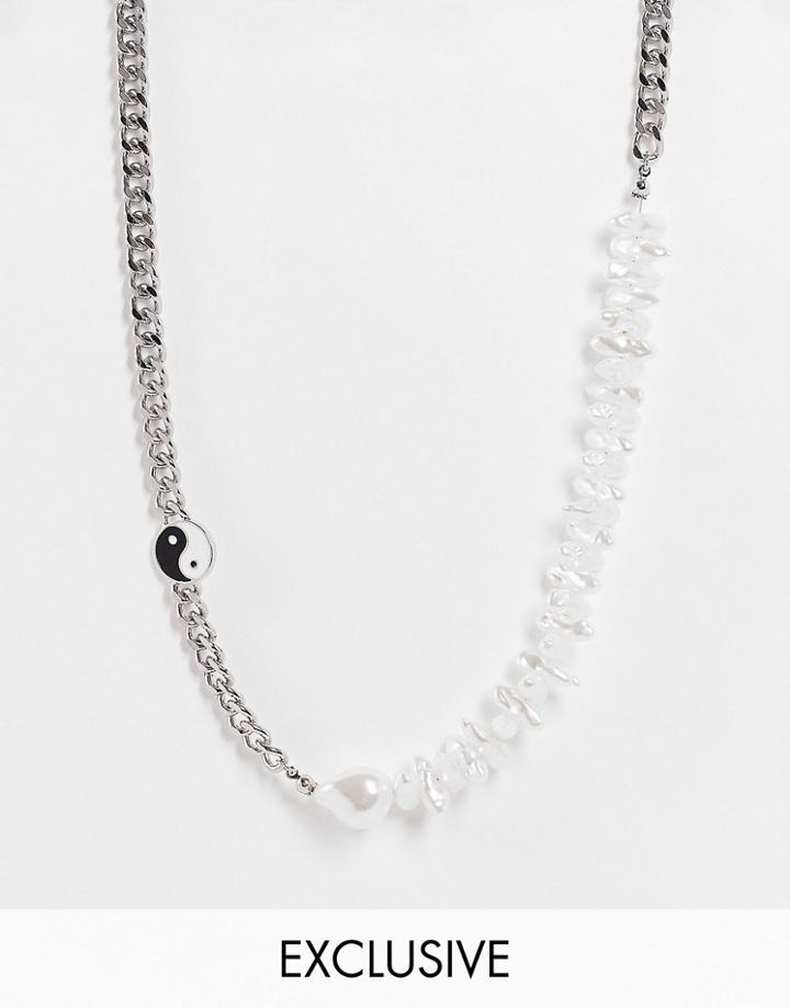 Reclaimed Vintage Inspired Unisex Necklace With Pearl Chippings And Yin Yang Charm In Silver