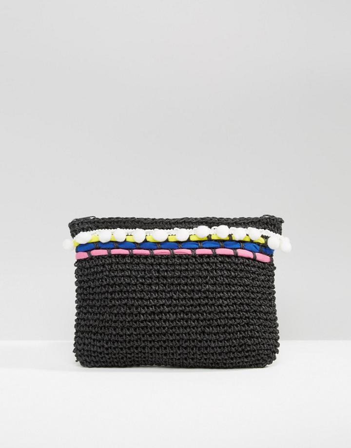 South Beach Straw Clutch Bag With Poms & Piping - Black