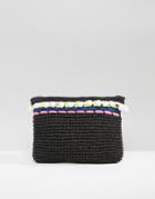 South Beach Straw Clutch Bag With Poms & Piping - Black