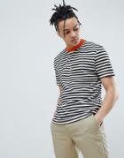 Asos Design Relaxed Stripe T-shirt In Black With Orange Contrast Neck - Black