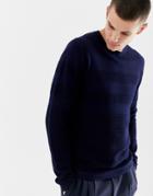 Jack & Jones Premium Jacquard Stripe Knitted Crew Neck Sweater In Navy
