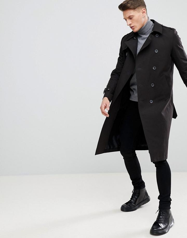 Asos Shower Resistant Longline Trench Coat With Belt In Black - Black